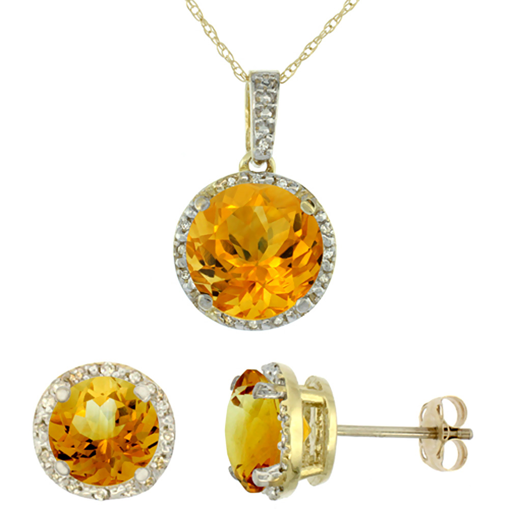 10K Yellow Gold Natural Round Citrine Earrings &amp; Pendant Set Diamond Accents