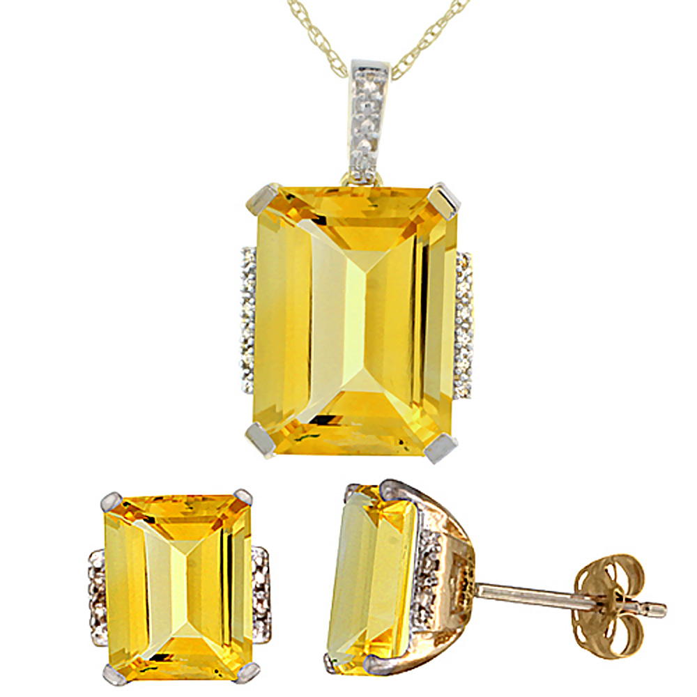 10K Yellow Gold Natural Octagon Citrine Earrings & Pendant Set Diamond Accents