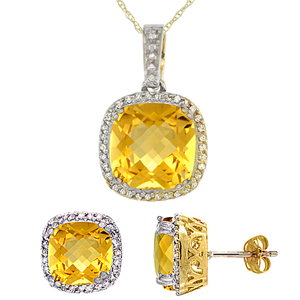 10k Yellow Gold Diamond Halo Natural Citrine Earring Necklace Set 7x7mm &amp; 10x10mm Cushion Shaped, 18 inch