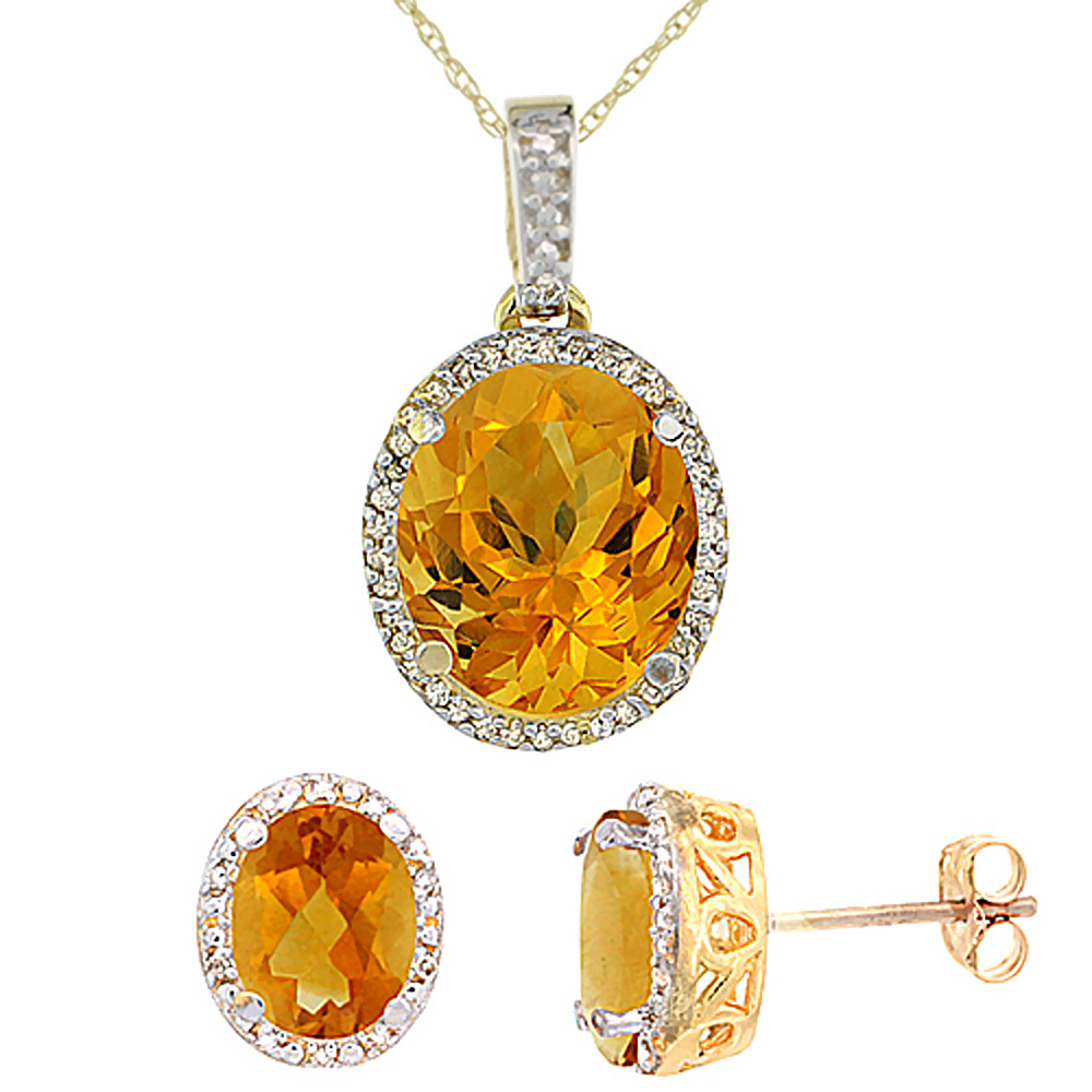 10K Yellow Gold Diamond Halo Natural Citrine Earrings Necklace Set Oval 7x5mm &amp; 12x10mm, 18 inch