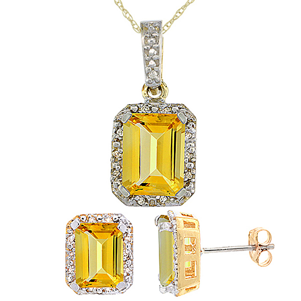10K Yellow Gold Natural Octagon 8x6 mm Citrine Earrings & Pendant Set Diamond Accents