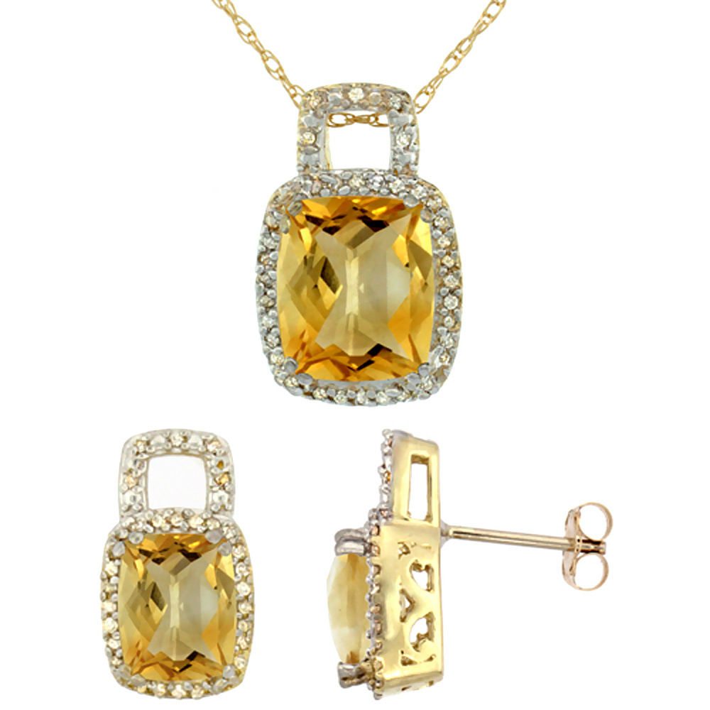10K Yellow Gold Natural Octagon Cushion Citrine Earrings &amp; Pendant Set Diamond Accents