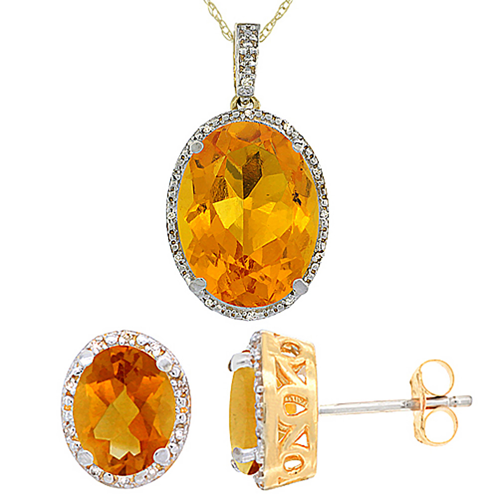 10K Yellow Gold Diamond Natural Oval Citrine Earrings & Pendant Set