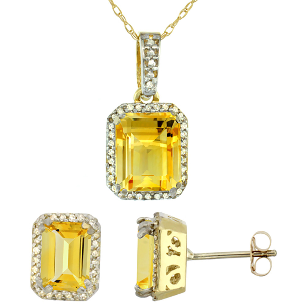 10K Yellow Gold Diamond Natural Octagon Citrine Earrings &amp; Pendant Set