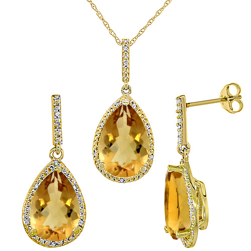 10K Yellow Gold Diamond Natural Citrine Earrings Necklace Set Pear Shaped 12x8mm &amp; 15x10mm, 18 inch long
