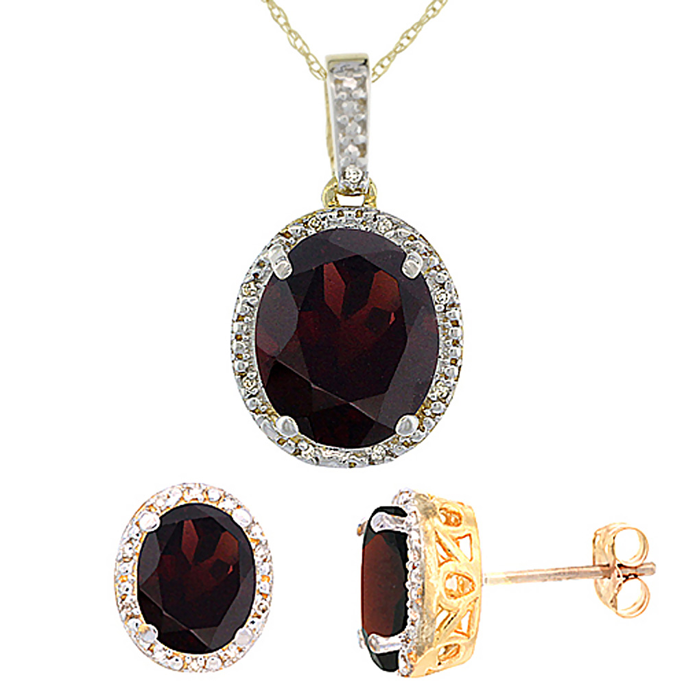 10K Yellow Gold Diamond Halo Natural Garnet Earrings Necklace Set Oval 7x5mm &amp; 12x10mm, 18 inch