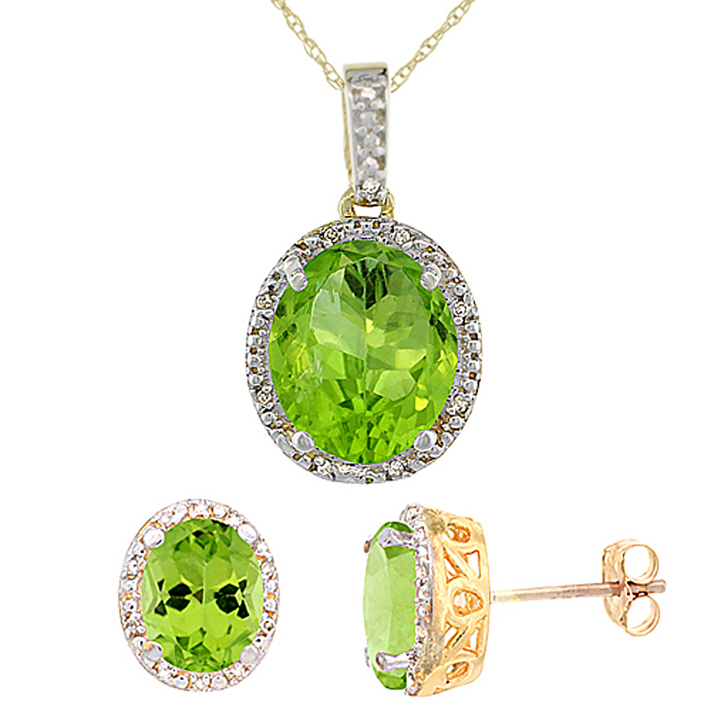 10K Yellow Gold Diamond Halo Natural Peridot Earrings Necklace Set Oval 7x5mm & 12x10mm, 18 inch