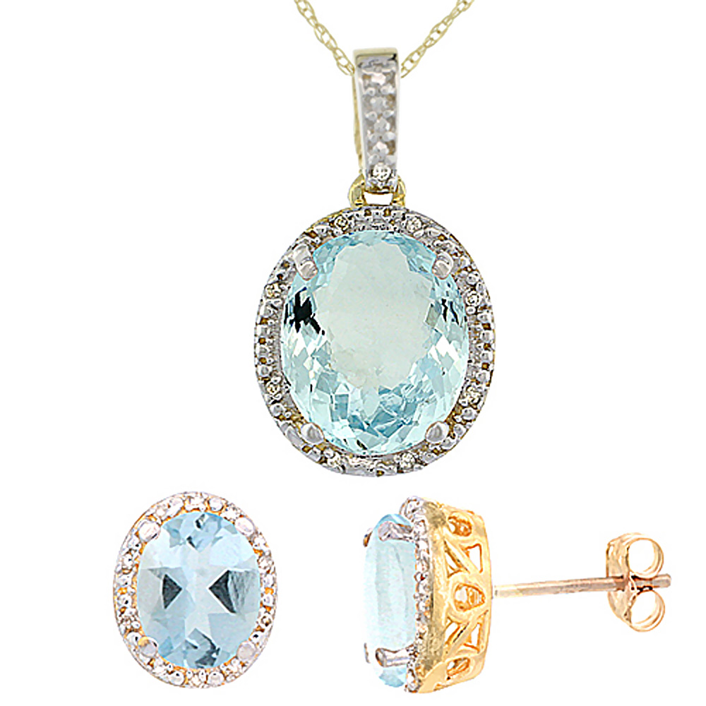 10K Yellow Gold Diamond Halo Natural Aquamarine Earrings Necklace Set Oval 7x5mm &amp; 12x10mm, 18 inch