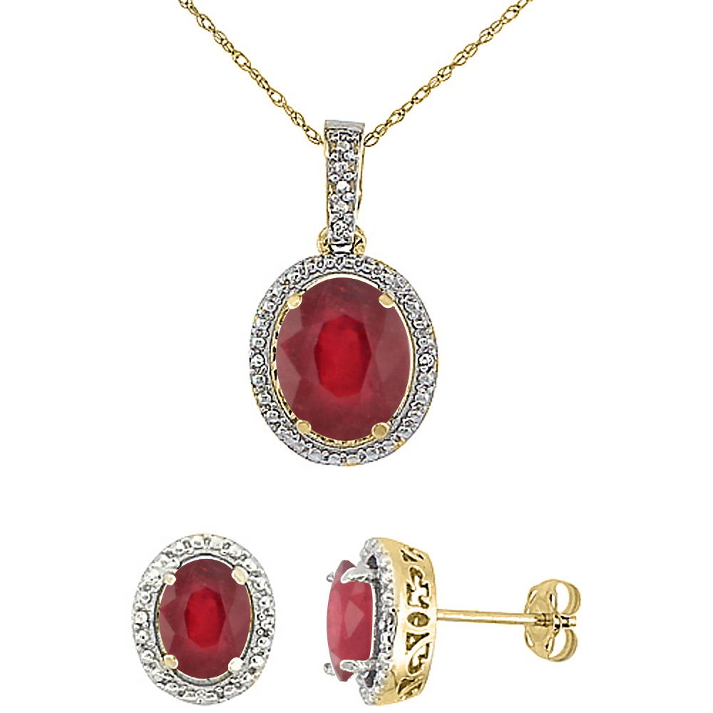 10K Yellow Gold Diamond Enhanced Genuine Ruby Oval Earrings &amp; Pendant Set