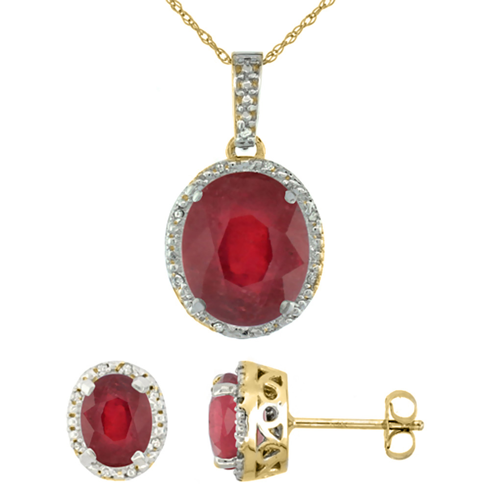10K Yellow Gold Diamond Halo Enhanced Genuine Ruby Earrings Necklace Set Oval 7x5mm &amp; 12x10mm, 18 inch