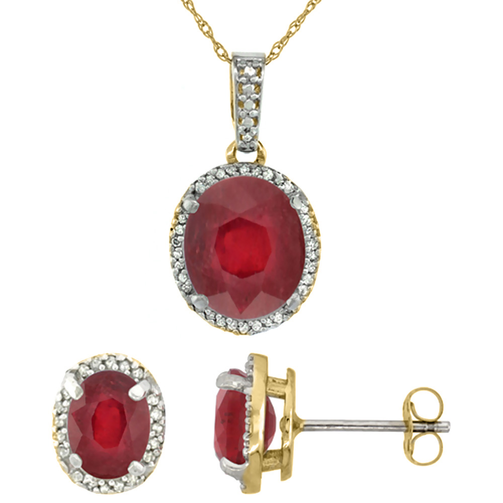 10K Yellow Gold Diamond Enhanced Genuine Ruby Oval Earrings & Pendant Set