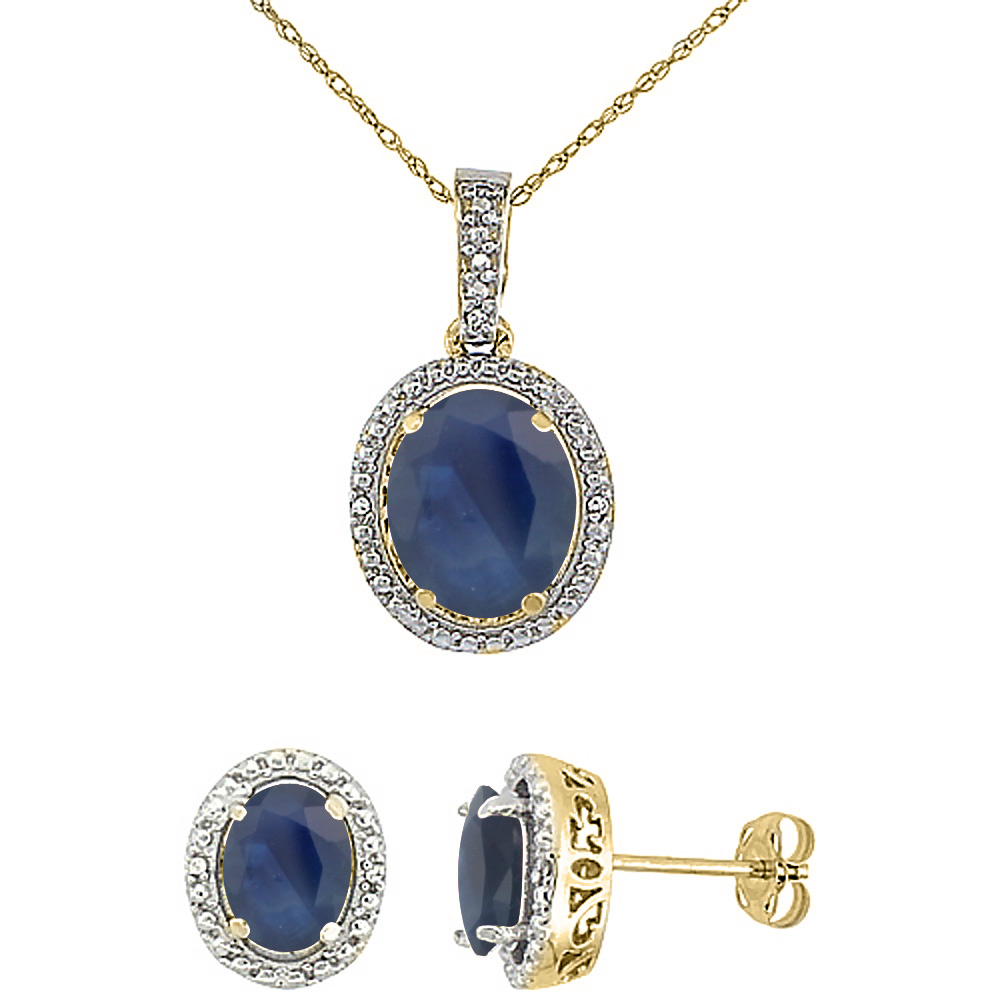 10K Yellow Gold Diamond Natural Blue Sapphire Oval Earrings &amp; Pendant Set