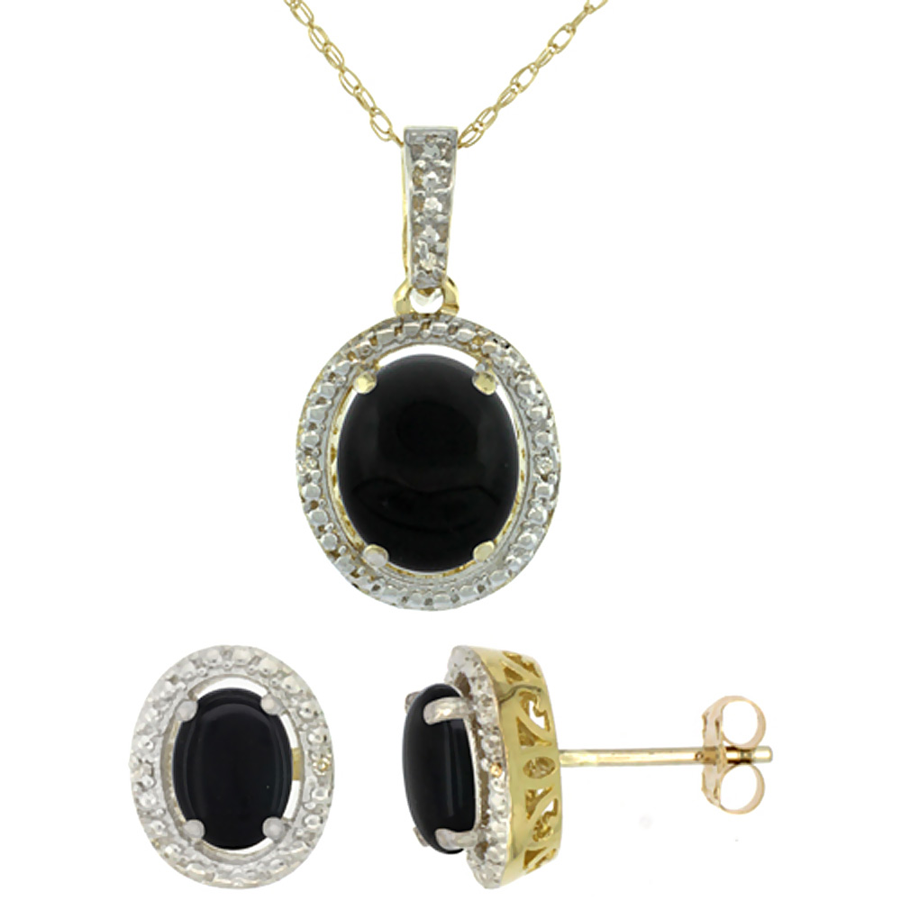 10K Yellow Gold Diamond Natural Black Onyx Oval Earrings & Pendant Set