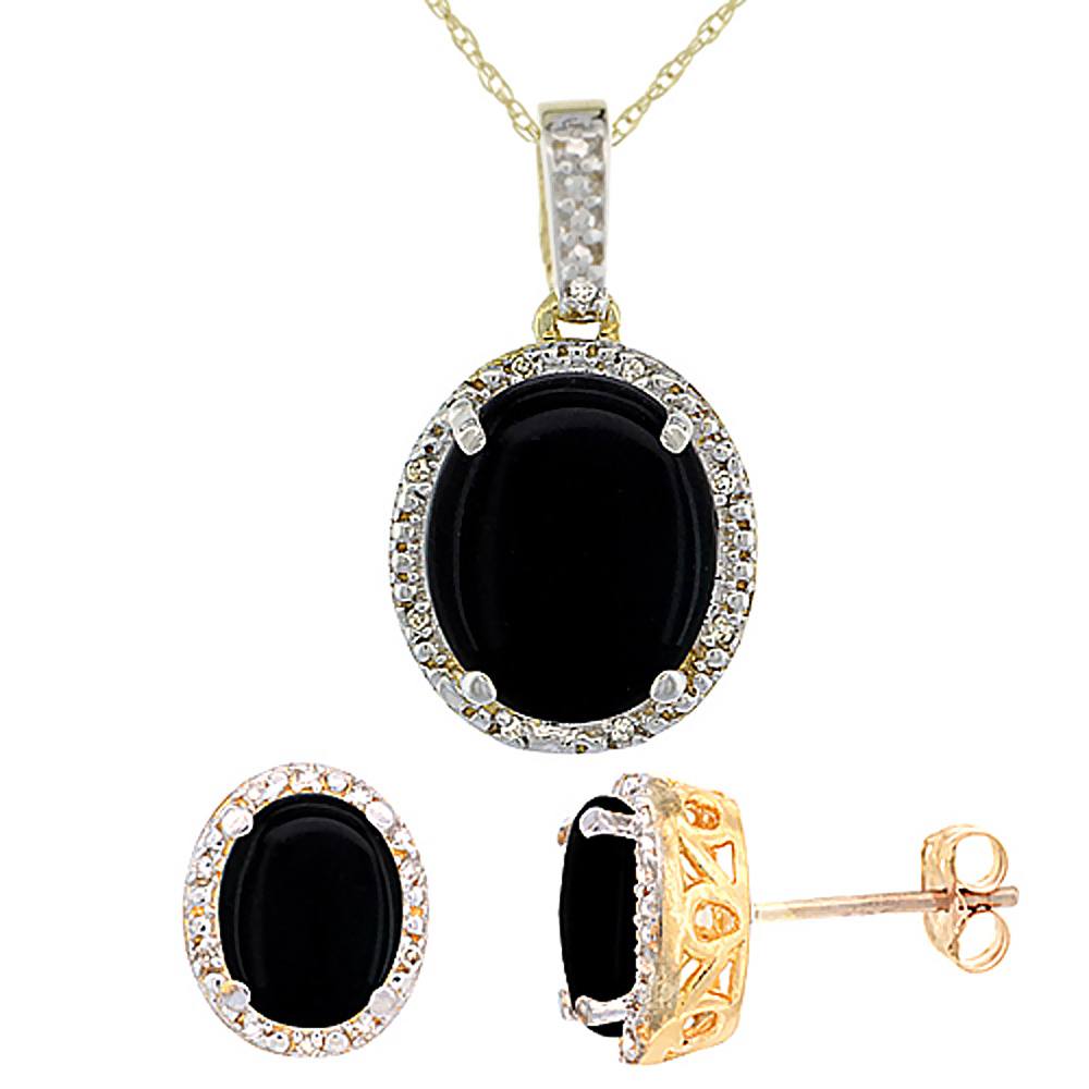 10K Yellow Gold Diamond Halo Natural Black Onyx Earrings Necklace Set Oval 7x5mm & 12x10mm, 18 inch