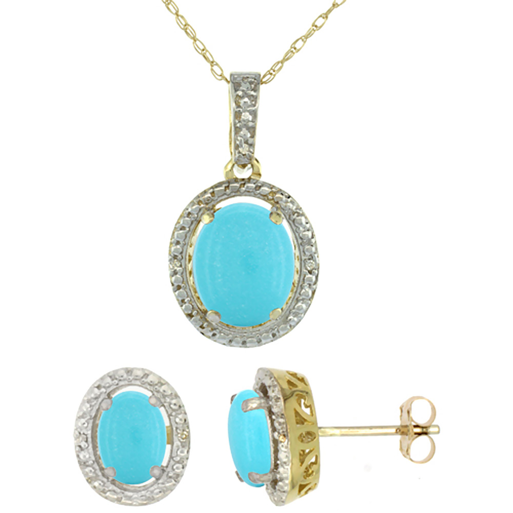 10K Yellow Gold Diamond Natural Turquoise Oval Earrings & Pendant Set