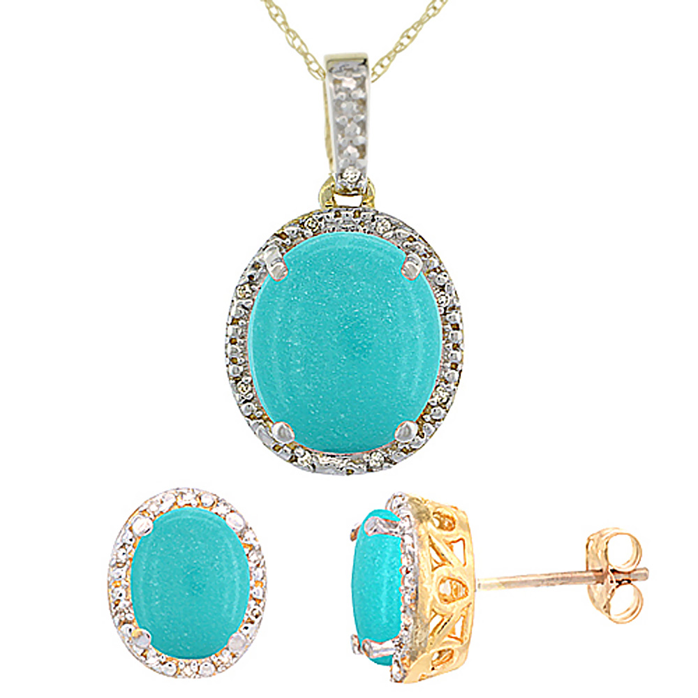 10K Yellow Gold Diamond Halo Natural Turquoise Earrings Necklace Set Oval 7x5mm & 12x10mm, 18 inch