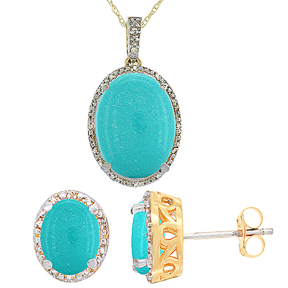 10K Yellow Gold Diamond Natural Oval Turquoise Earrings &amp; Pendant Set