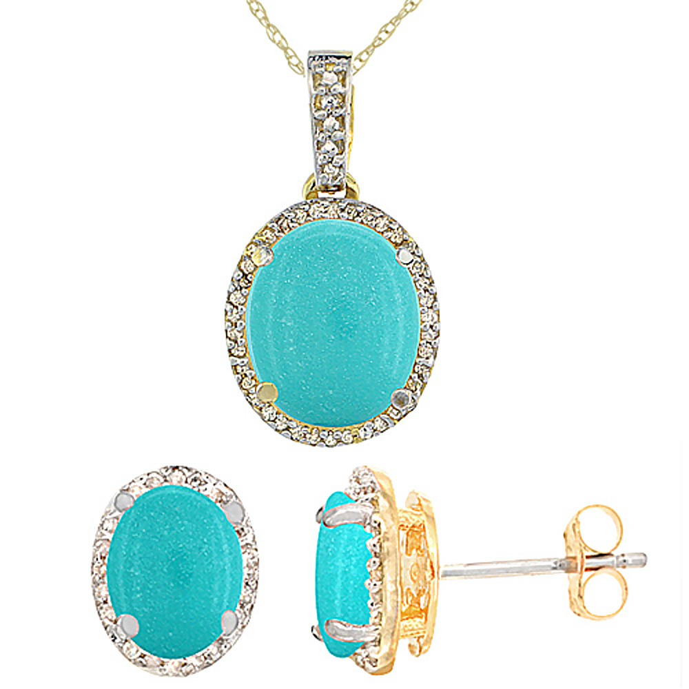 10K Yellow Gold Diamond Natural Turquoise Oval Earrings & Pendant Set