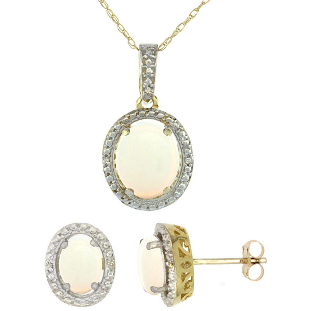 10K Yellow Gold Diamond Natural Opal Oval Earrings &amp; Pendant Set