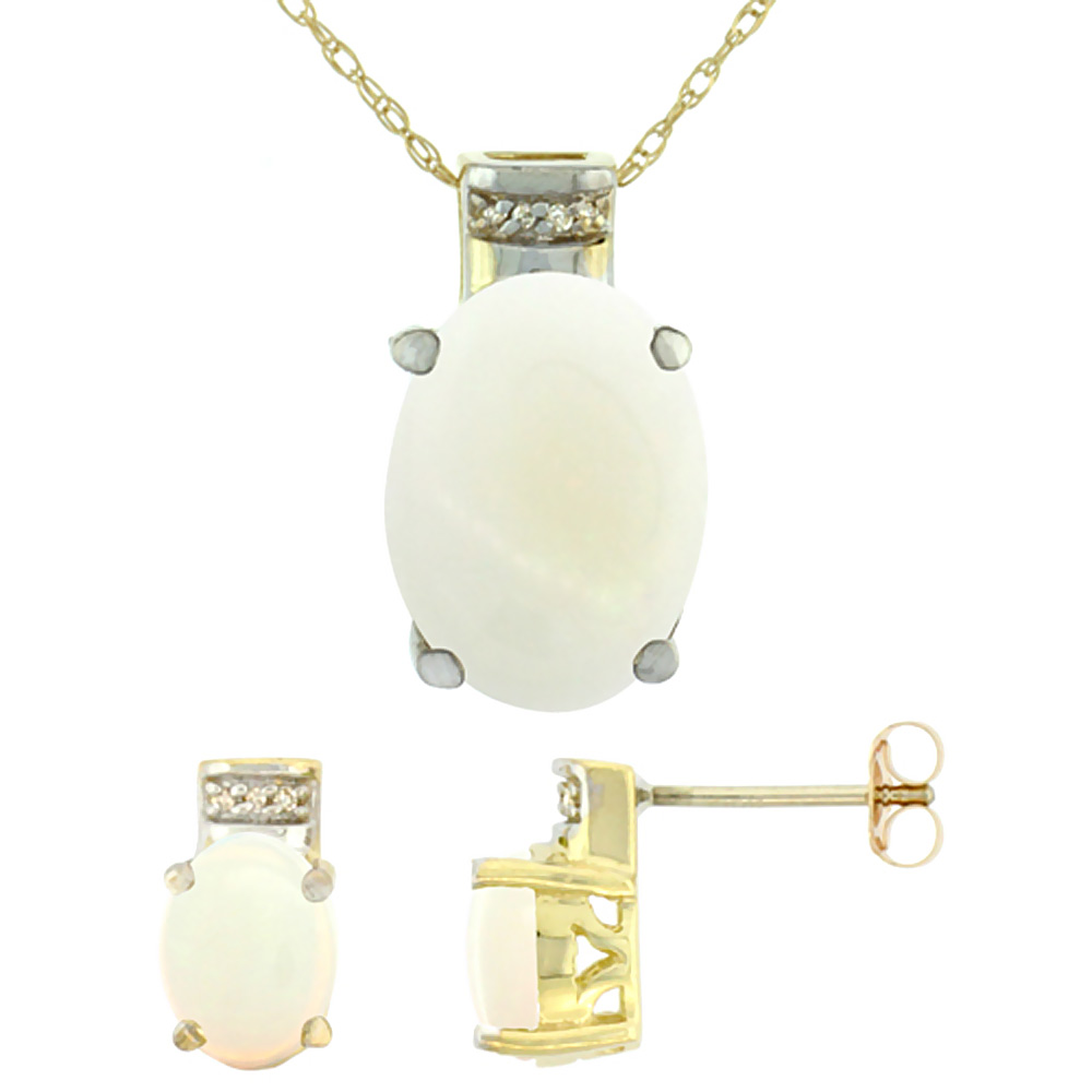 10K Yellow Gold Diamond Natural Oval Opal Earrings & Pendant Set