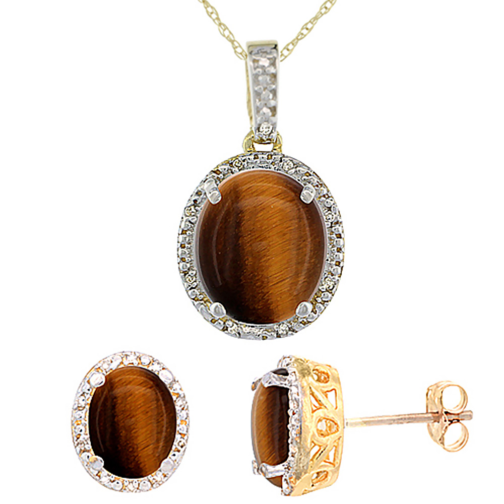 10K Yellow Gold Diamond Halo Natural Tiger Eye Earrings Necklace Set Oval 7x5mm & 12x10mm, 18 inch