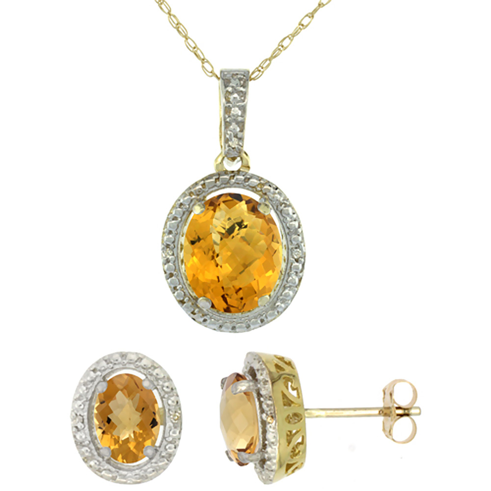 10K Yellow Gold Diamond Natural Whisky Quartz Oval Earrings & Pendant Set