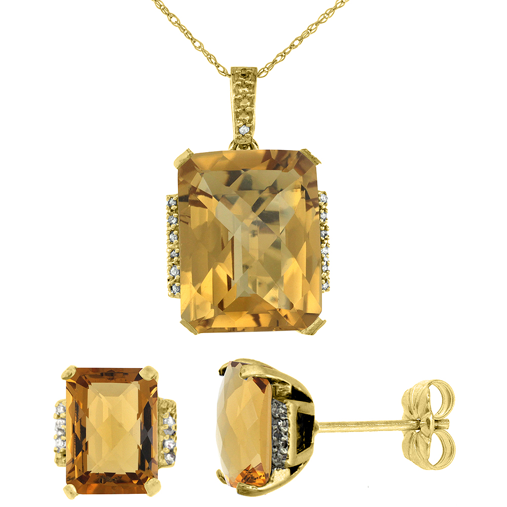 10K Yellow Gold Natural Octagon Whisky Quartz Earrings & Pendant Set Diamond Accents