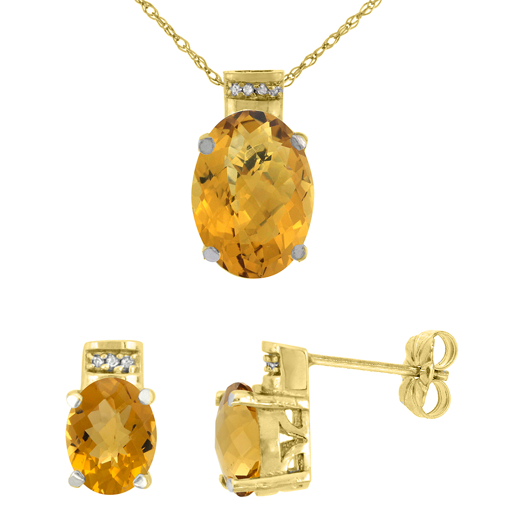 10K Yellow Gold Diamond Natural Oval Whisky Quartz Earrings &amp; Pendant Set