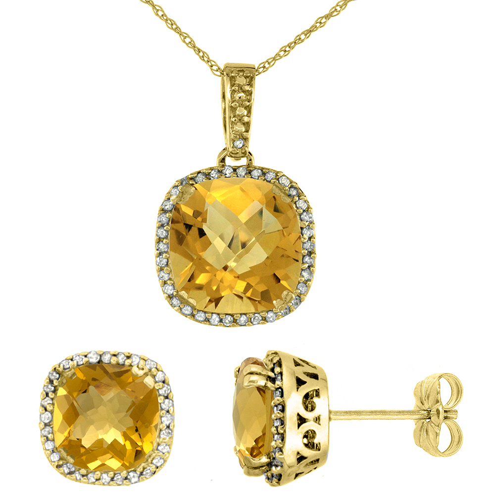 10k Yellow Gold Diamond Halo Natural Whisky Quartz Earring Necklace Set 7x7mm &amp; 10x10mm Cushion, 18 inch