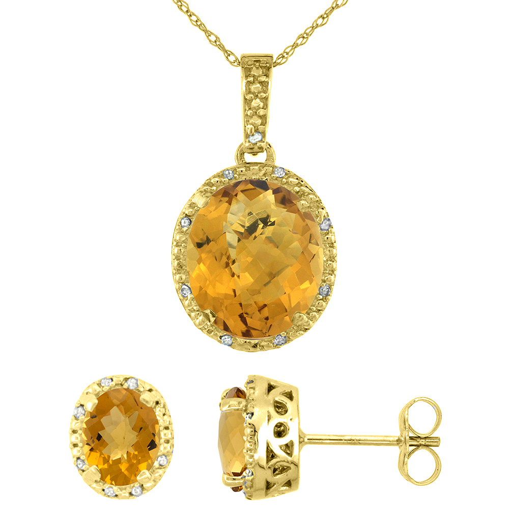 10K Yellow Gold Diamond Halo Natural Whisky Quartz Earrings Necklace Set Oval 7x5mm &amp; 12x10mm, 18 inch
