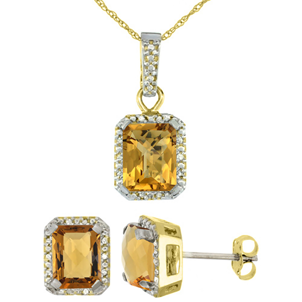 10K Yellow Gold Natural Octagon 8x6 mm Whisky Quartz Earrings &amp; Pendant Set Diamond Accents