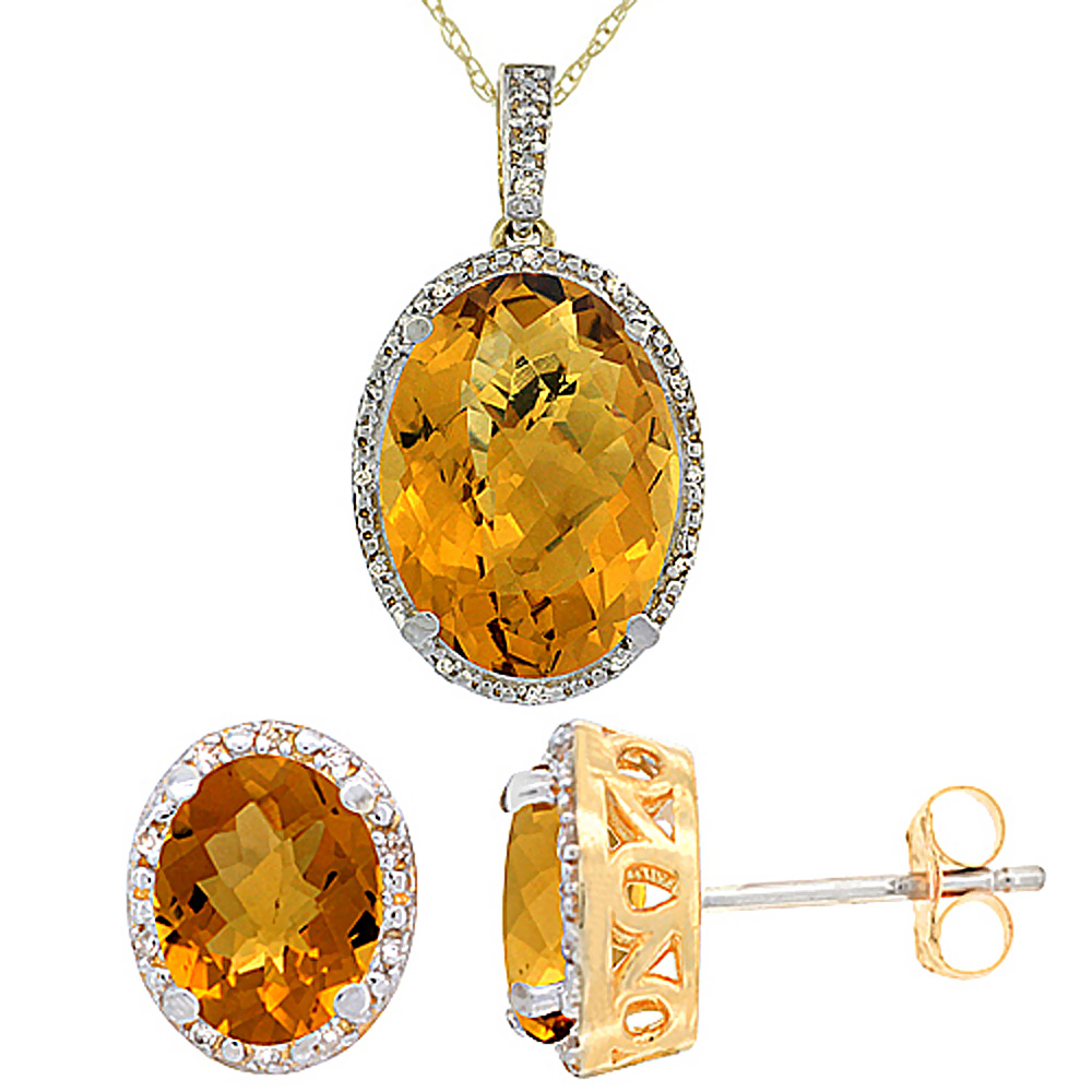 10K Yellow Gold Diamond Natural Oval Whisky Quartz Earrings &amp; Pendant Set