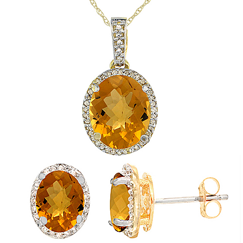 10K Yellow Gold Diamond Natural Whisky Quartz Oval Earrings &amp; Pendant Set