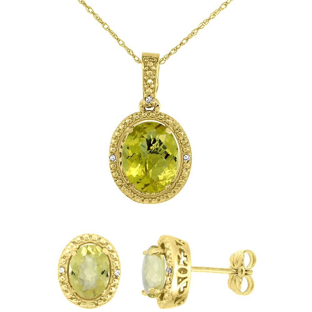 10K Yellow Gold Diamond Natural Lemon Quartz Oval Earrings & Pendant Set