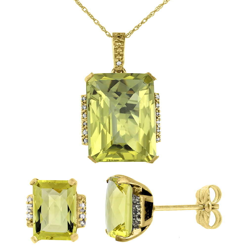 10K Yellow Gold Natural Octagon Lemon Quartz Earrings &amp; Pendant Set Diamond Accents