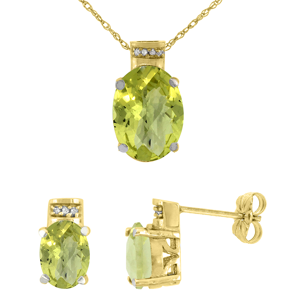 10K Yellow Gold Diamond Natural Oval Lemon Quartz Earrings & Pendant Set