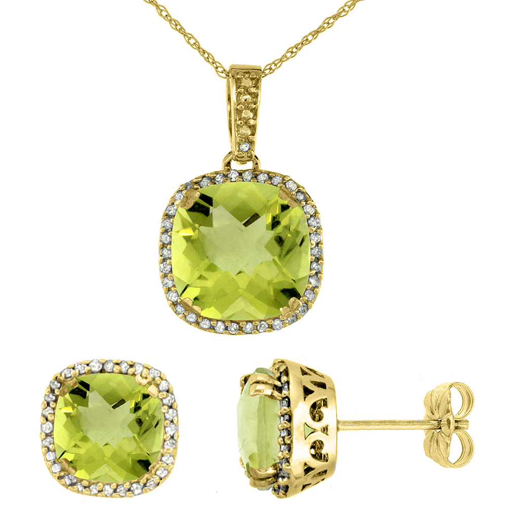 10k Yellow Gold Diamond Halo Natural Lemon Quartz Earring Necklace Set 7x7mm & 10x10mm Cushion, 18 inch