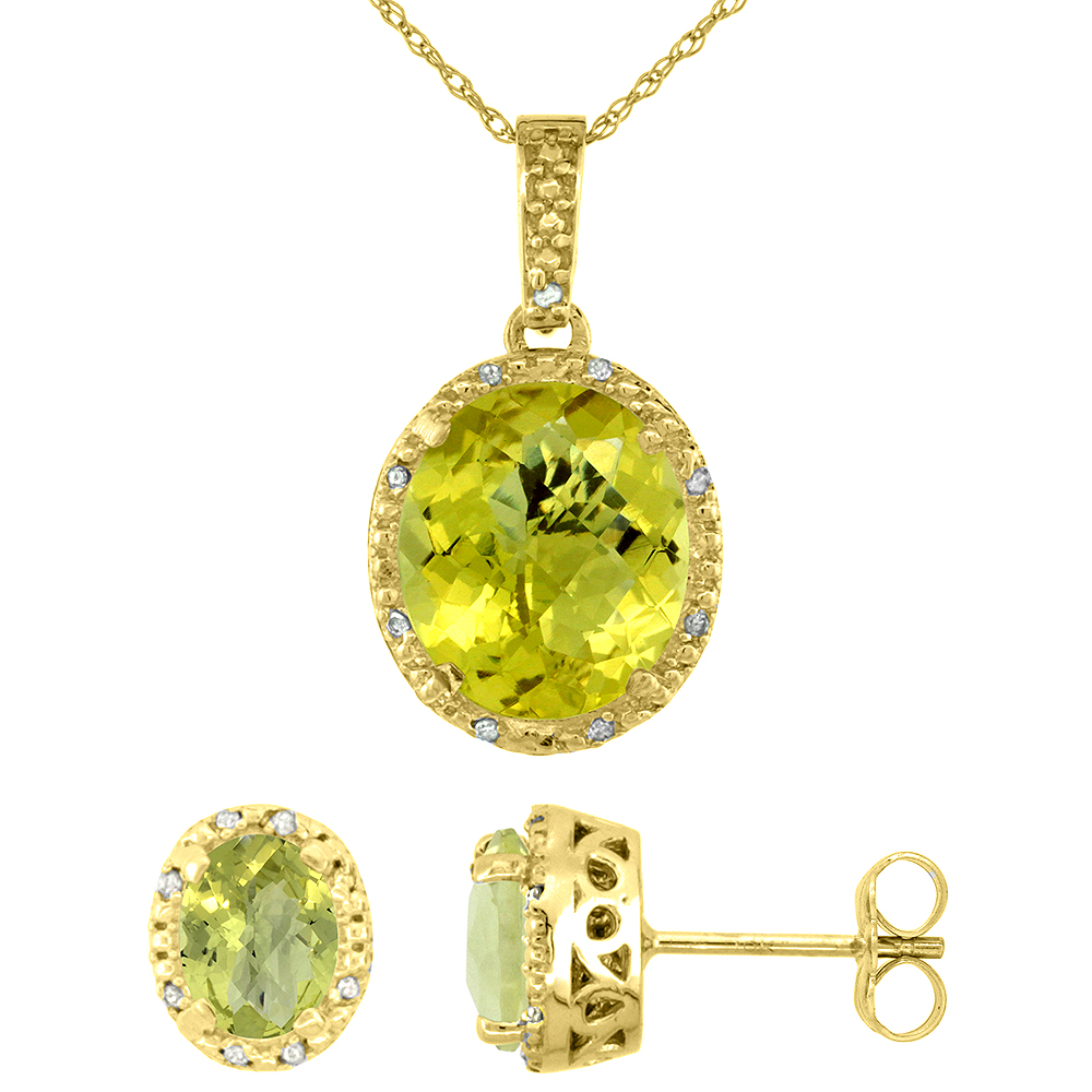 10K Yellow Gold Diamond Halo Natural Lemon Quartz Earrings Necklace Set Oval 7x5mm & 12x10mm, 18 inch