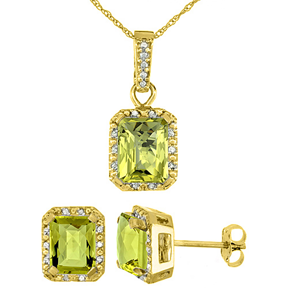 10K Yellow Gold Natural Octagon 8x6 mm Lemon Quartz Earrings & Pendant Set Diamond Accents