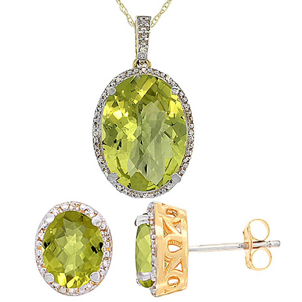 10K Yellow Gold Diamond Natural Oval Lemon Quartz Earrings &amp; Pendant Set