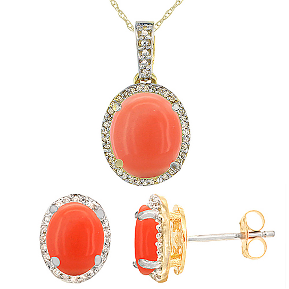 10K Yellow Gold Diamond Natural Coral Oval Earrings &amp; Pendant Set