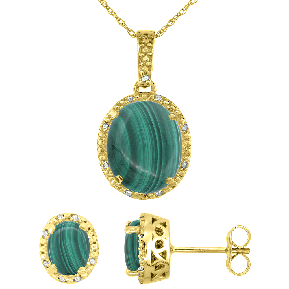10K Yellow Gold Diamond Halo Natural Malachite Earrings Necklace Set Oval 7x5mm &amp; 12x10mm, 18 inch