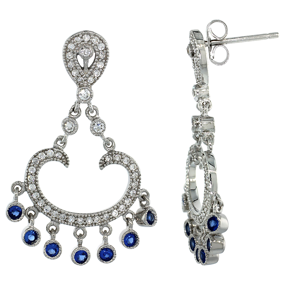 Sterling Silver Arc Dangle Chandelier Earrings w/ Brilliant Cut Clear &amp; Blue Sapphire Color CZ Stones, 1 3/8 in. (34 mm) tall