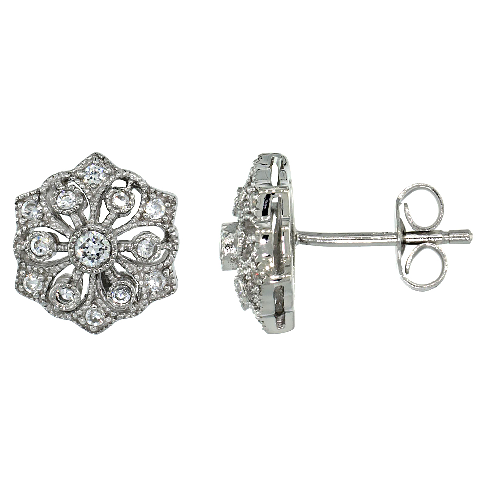 STERLING SILVER FLOWER STUD EARRINGS W/ BRILLIANT CUT CZ STONES, 3/8 IN. (10 MM)