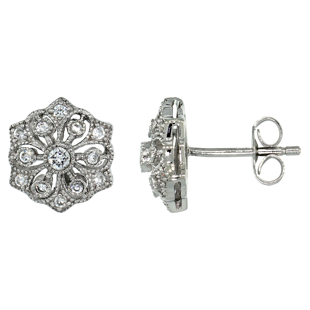 Sterling Silver Flower Stud Earrings w/ Brilliant Cut CZ Stones, 3/8 in. (10 mm)