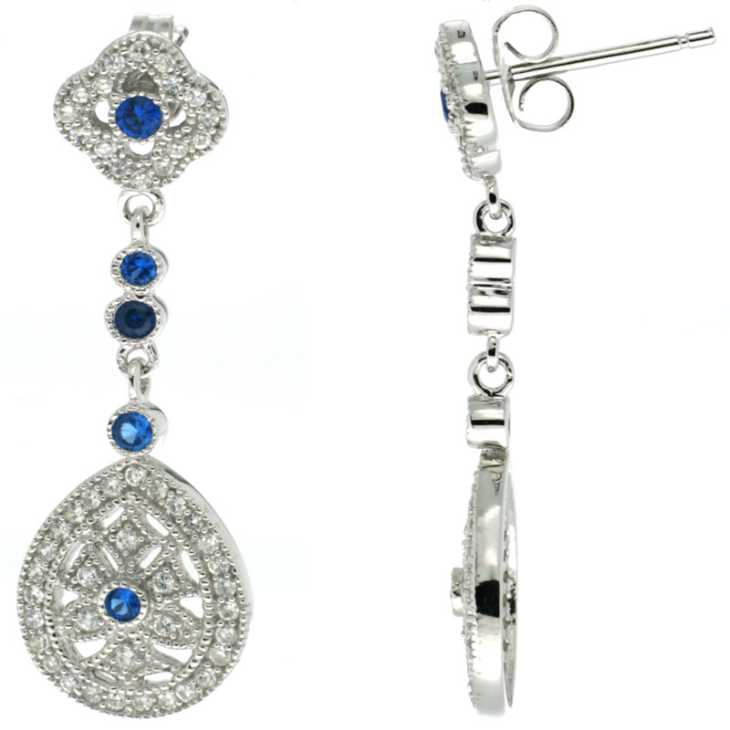 Sterling Silver Clover Flower &amp; Teardrop Dangle Earrings w/ Brilliant Cut Clear &amp; Blue Sapphire Color CZ Stones, 1 3/8 in. (35 mm) tall