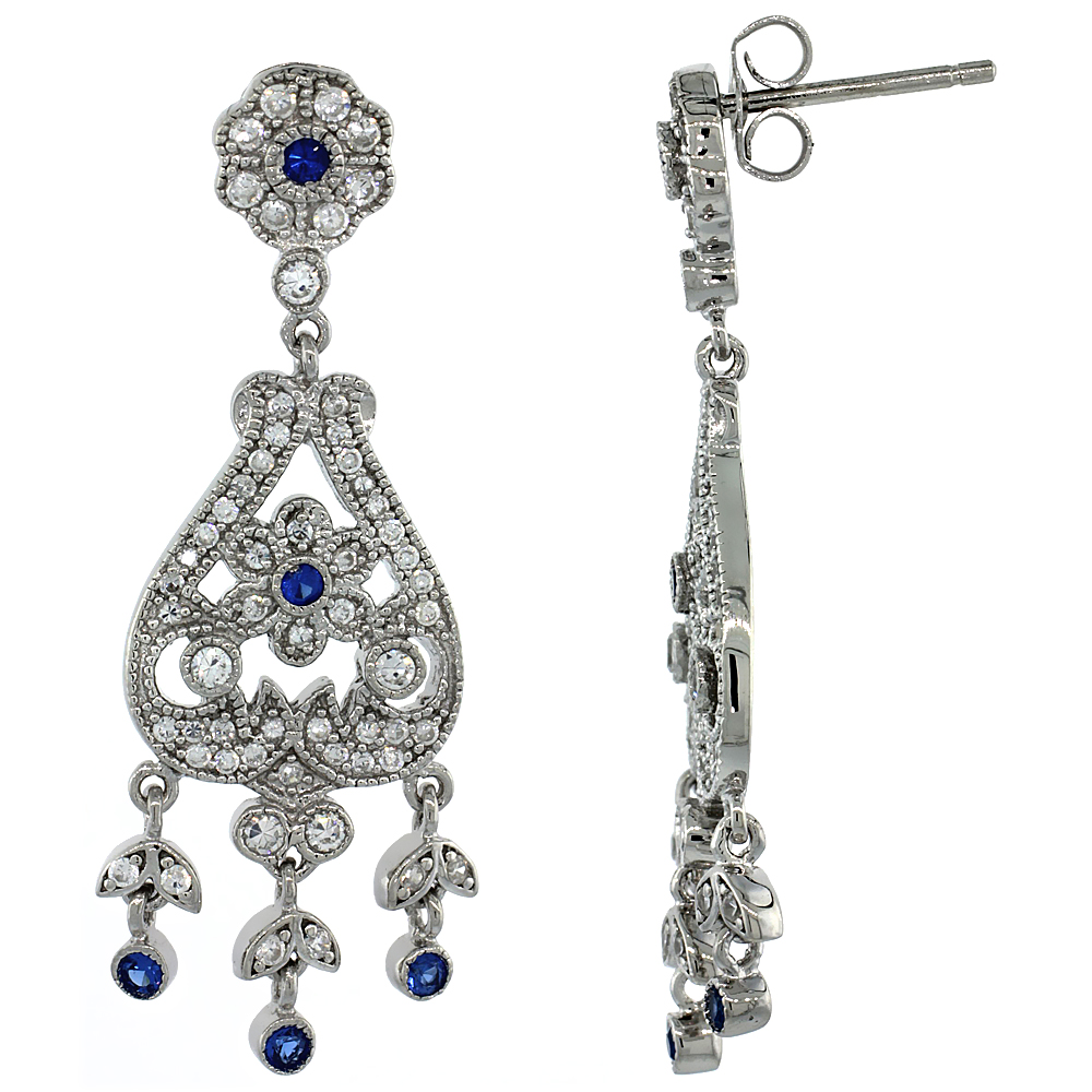 Sterling Silver Floral Dangle Chandelier Earrings w/ Brilliant Cut Clear & Blue Sapphire Color CZ Stones, 1 9/16 in. (40 mm) tall