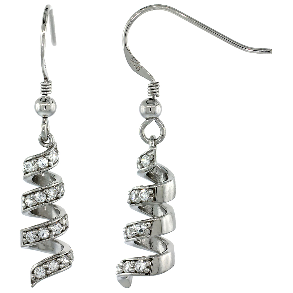 Sterling Silver Spiral Dangle Earrings w/ Brilliant Cut CZ Stones, 1 5/16 in. (33 mm) tall