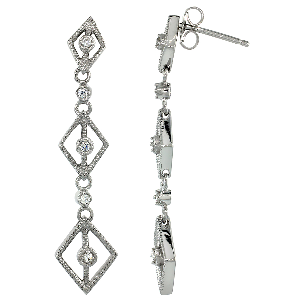 Sterling Silver Diamond Shape Cut Outs Journey Dangle Earrings w/ Brilliant Cut CZ Stones, 1 11/16 in. (43 mm) tall
