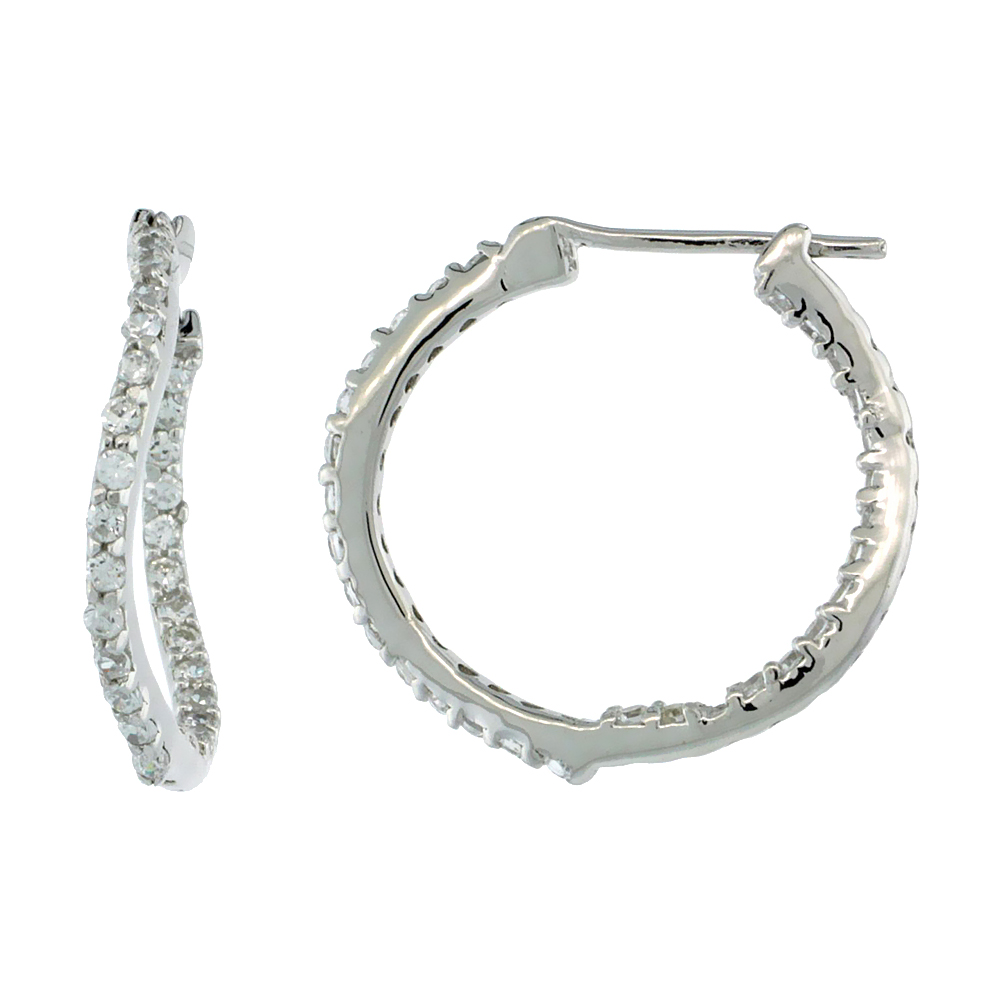 Sterling Silver Curvy Hoop Earrings w/ Brilliant Cut CZ Stones, 13/16 in. (21 mm)